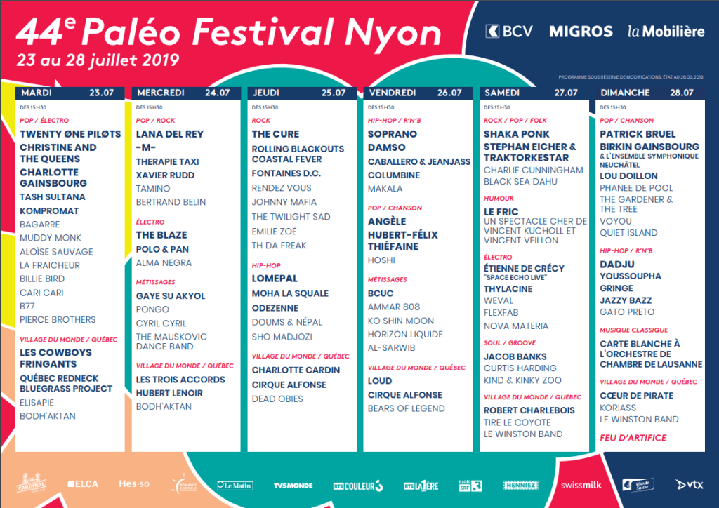 Programmation complète Paléo festival Nyon 2019.