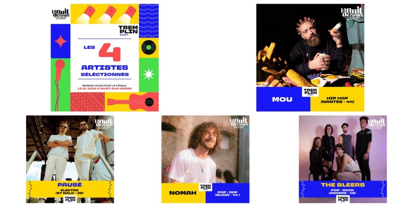 Mou, Pausé, Nomah et The Bleers sont les 4 finalistes du tremplin 2024 du festival La Nuit de l’Erdre qui aura lieu le 21 juin 2024 à Nort-Sur-Erdre dans le cadre de la fête de la musique
